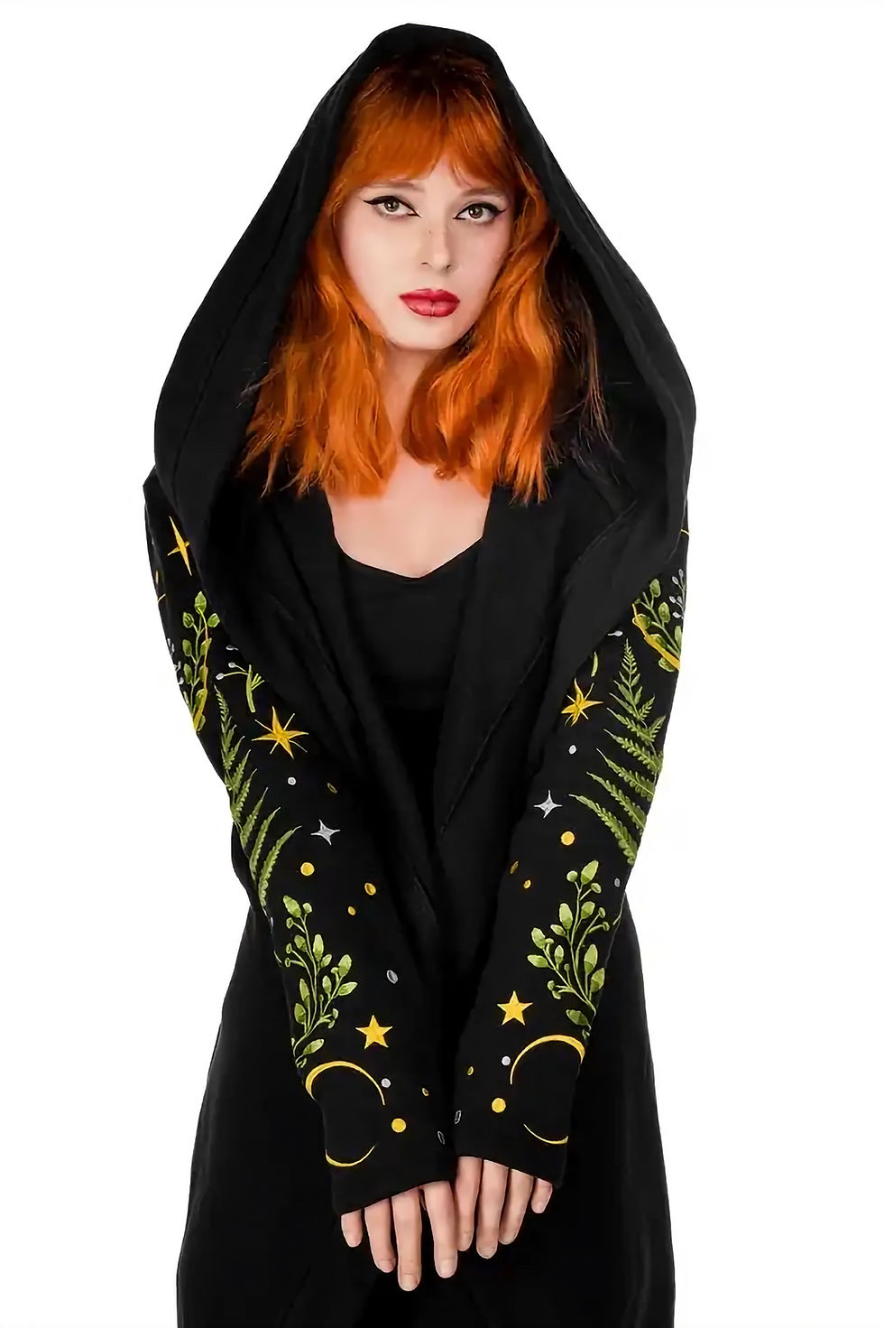Miniaturbild: Gothic Hoodie mit Farnstickerei und übergroßer Kapuze in Schwarz