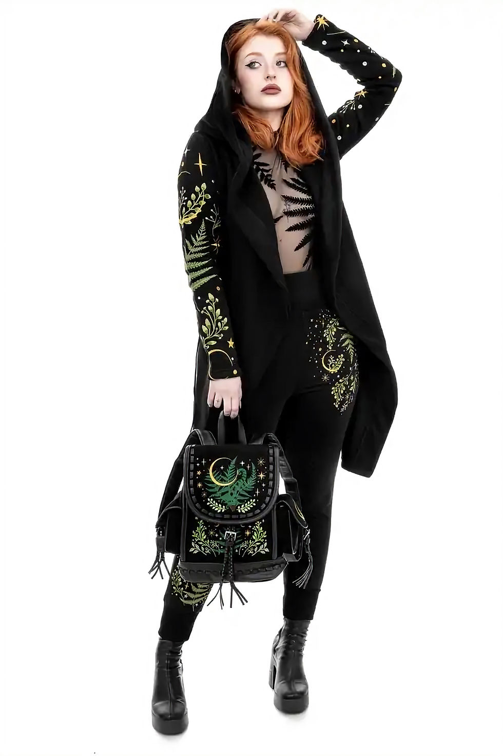Miniaturbild: Gothic Hoodie mit Farnstickerei und übergroßer Kapuze in Schwarz