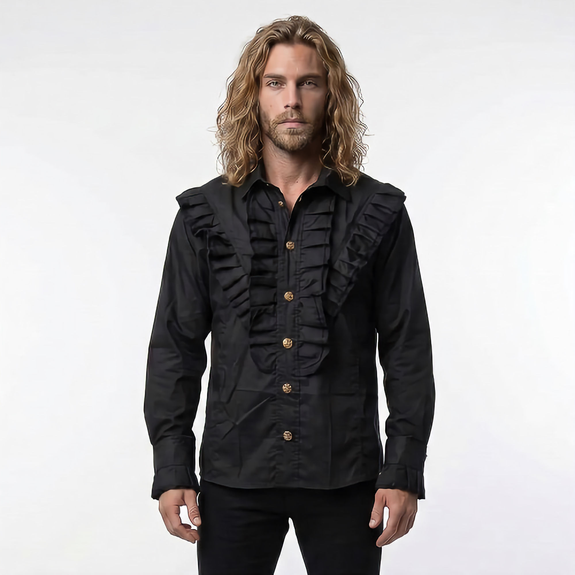 Schwarzes Aderlass Victorian Frill Shirt mit Rüschen und dekorativen dunklen Knöpfen.