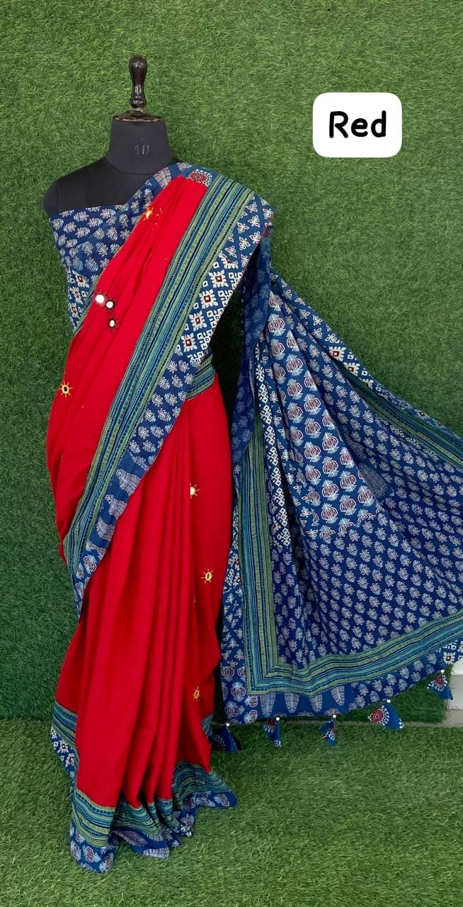 Pure 60x60 cotton saree with patch and mirror work