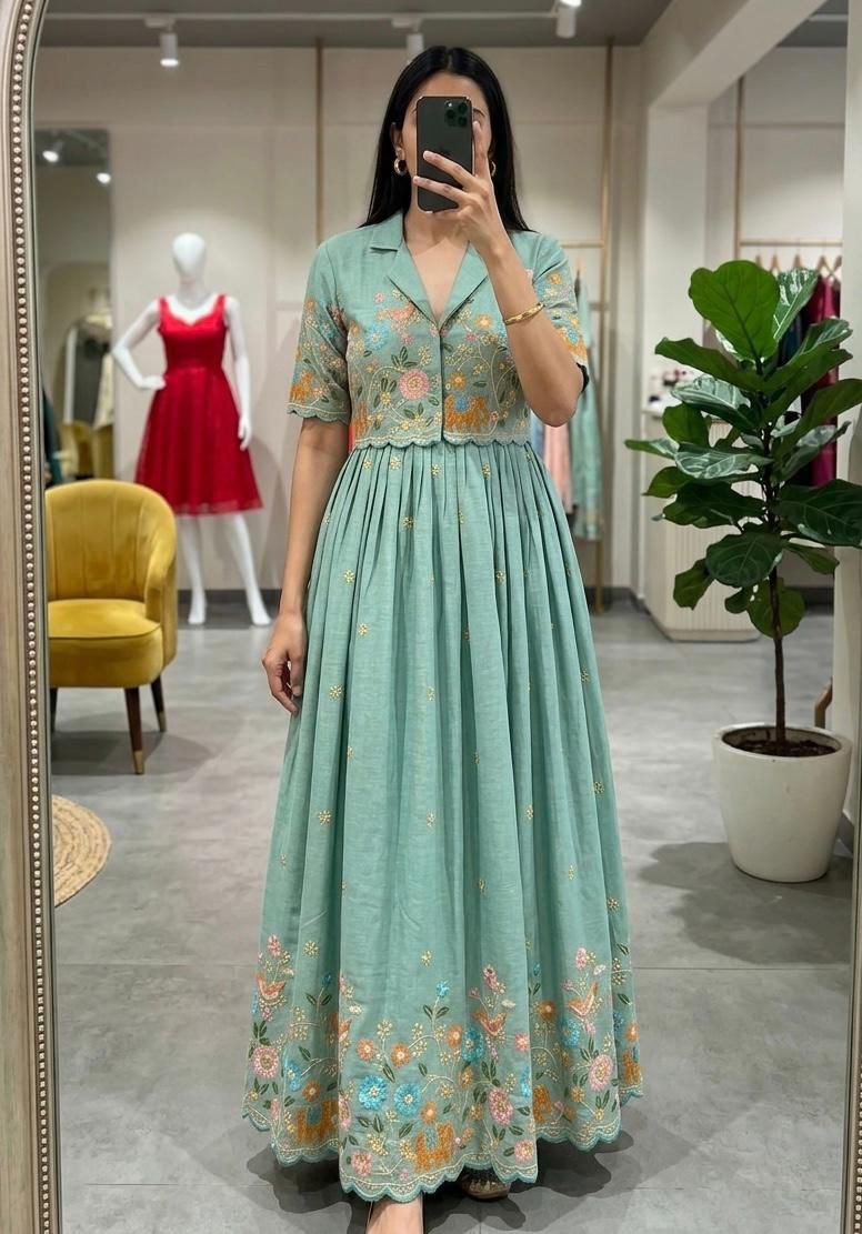 Thumbnail: Vichitra Silk Gown with detachable jacket