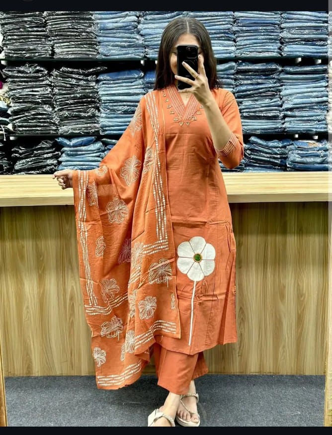 Thumbnail: Cotton suit set with full embroidery front  with katha detailing