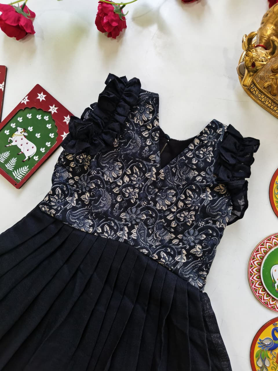 Thumbnail: Girls frock with printed hem and yoke, & charming ruffle sleeves