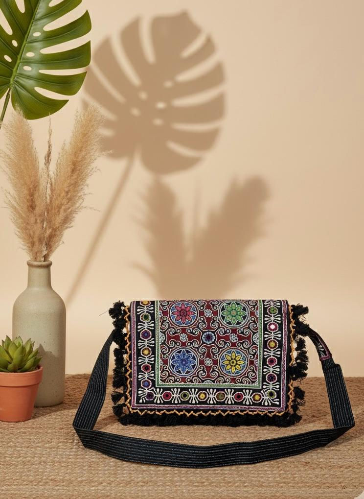 Thumbnail: Ajrakh patch work big sling bag