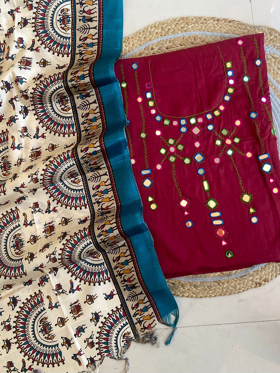 Thumbnail: Premium cotton shatin kurta with dola silk dupatta and hand mirror work