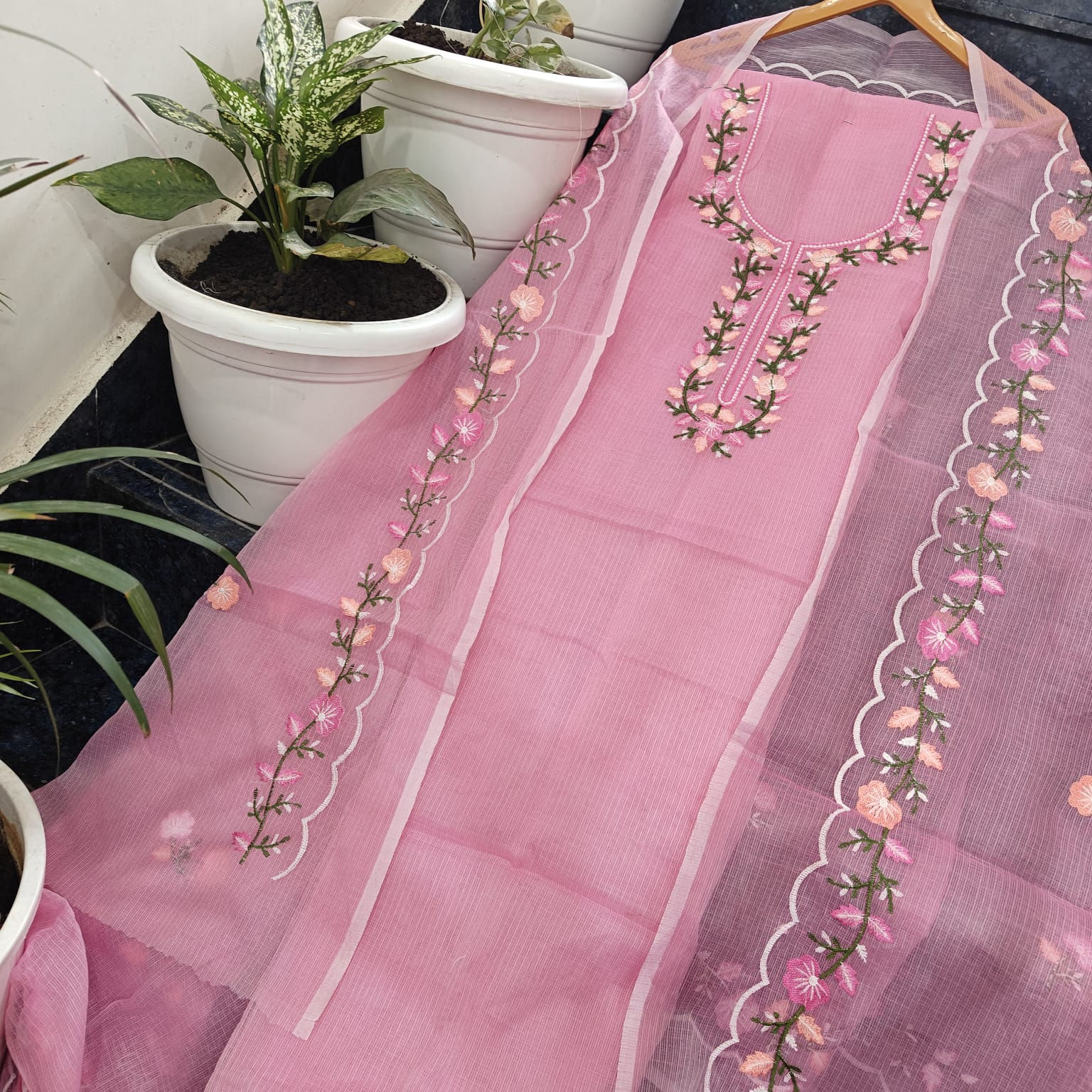 Kota Doria Dress Material with Embroidery Work