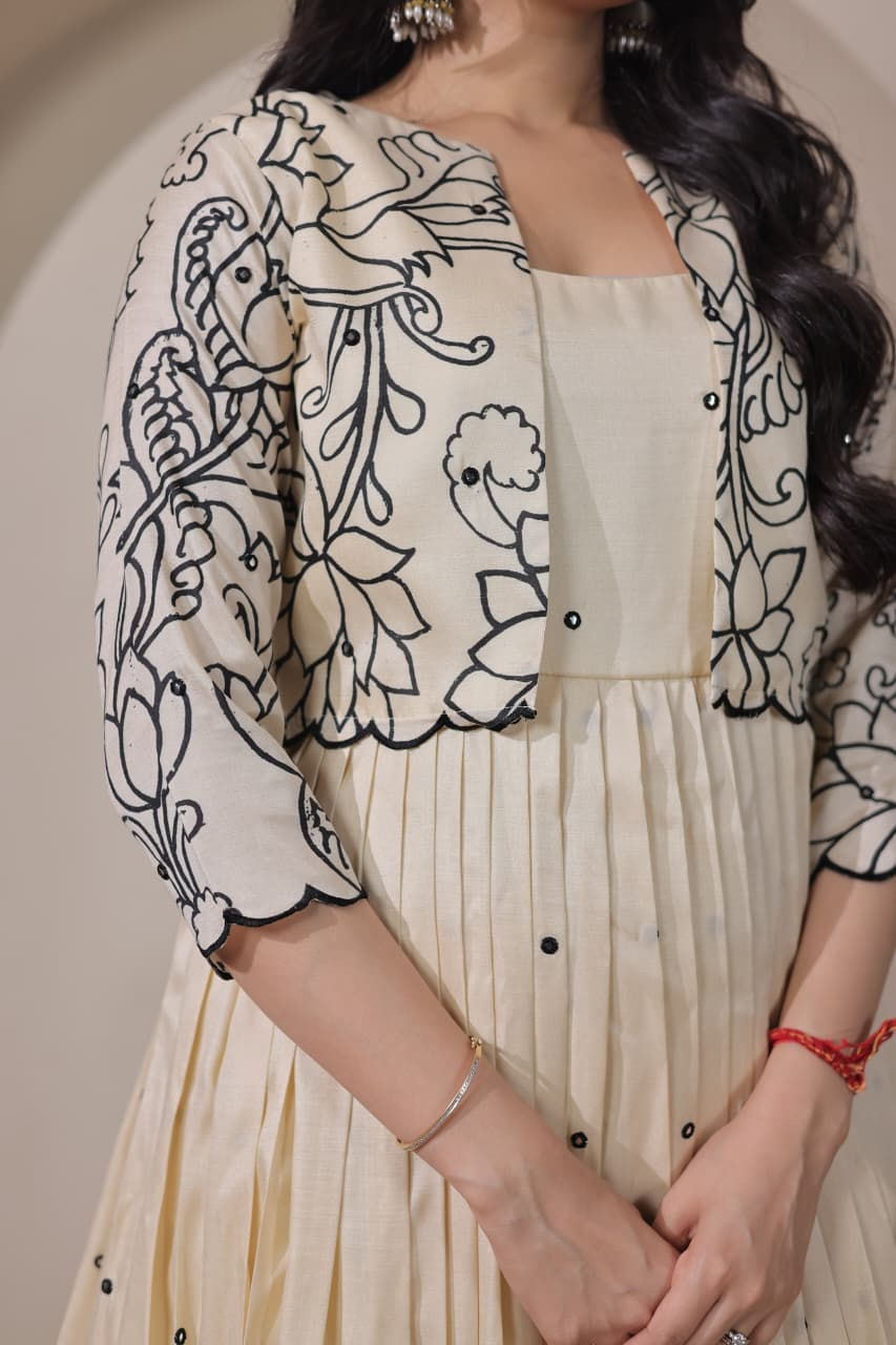 Thumbnail: Tussar silk gown  with kalamkari print