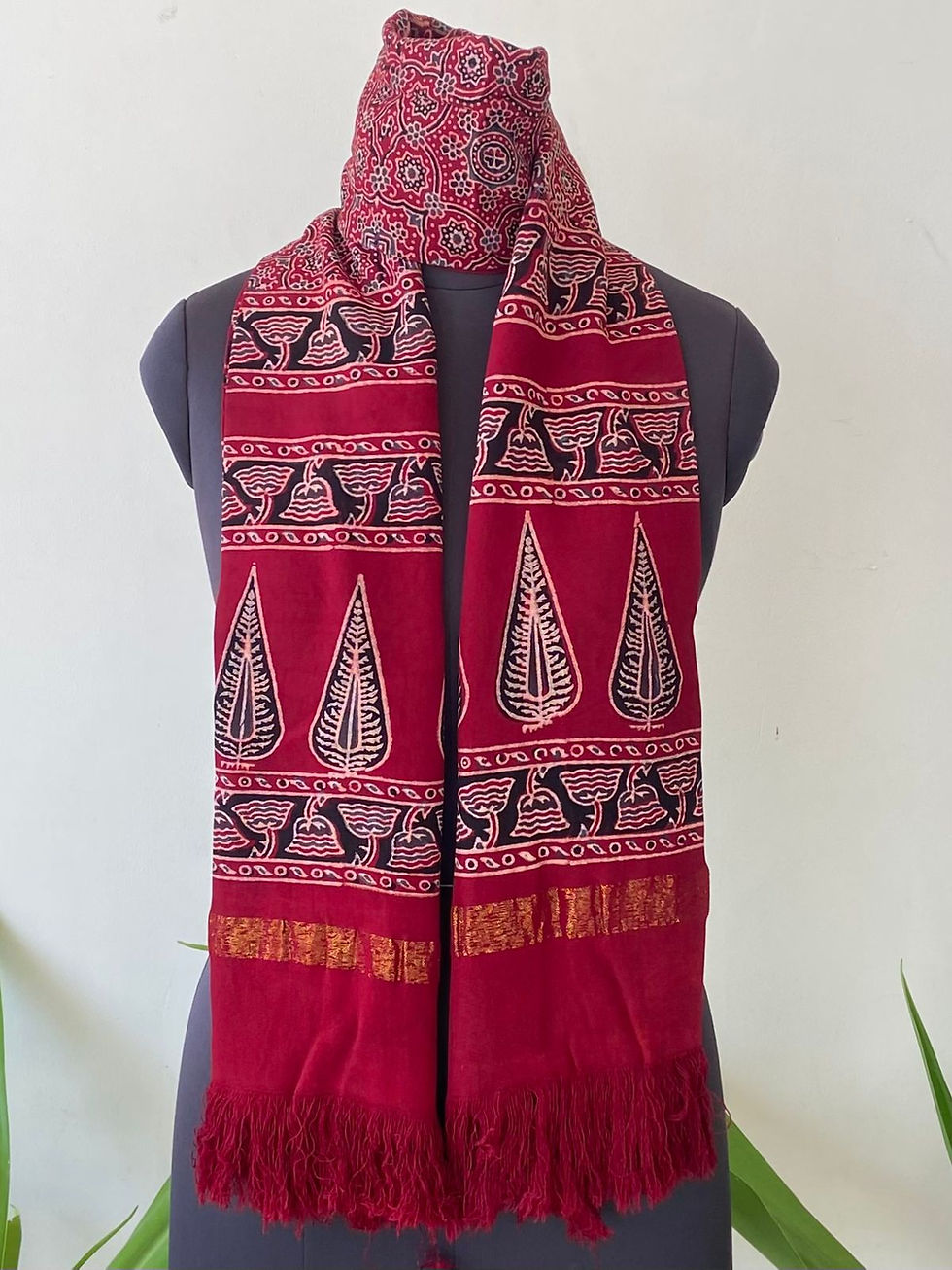 Thumbnail: Handloom Woollen Stole With Ajrakh Block Print 