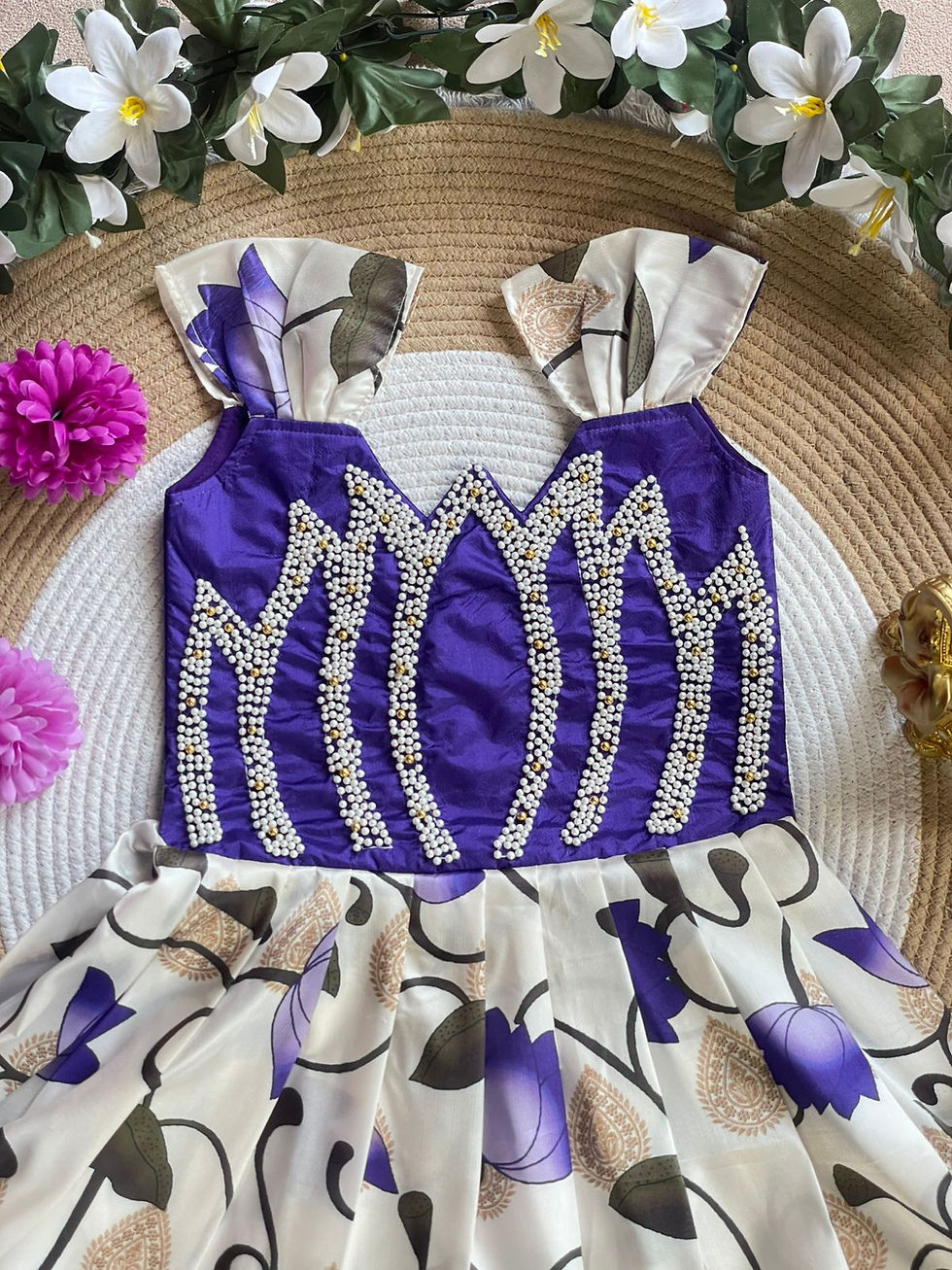 Thumbnail: Kids pure silk gown  with print and moti work