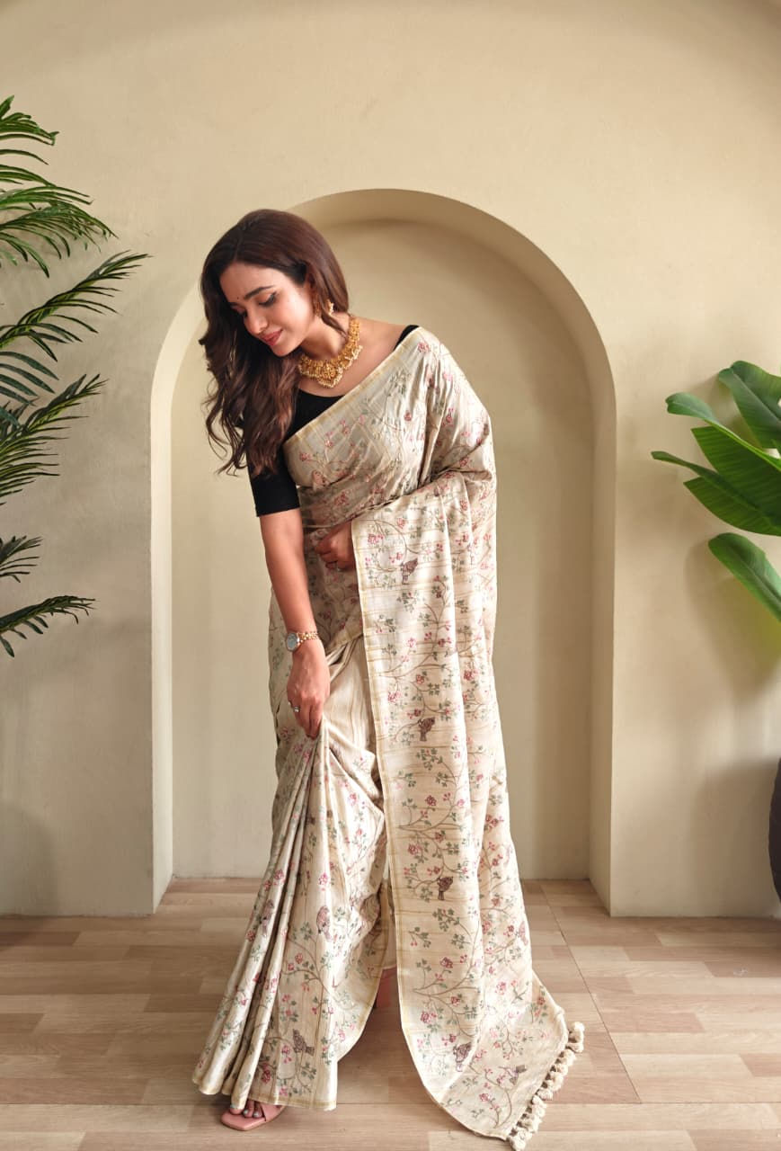 Thumbnail: Pure loom tussar Saree with all over embroidery