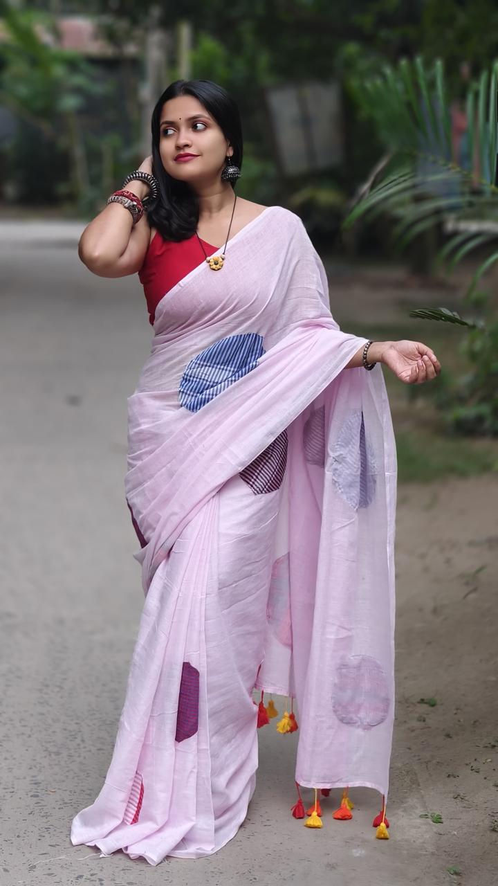 Thumbnail: Mul Cotton Saree with Gamcha Stitch 
