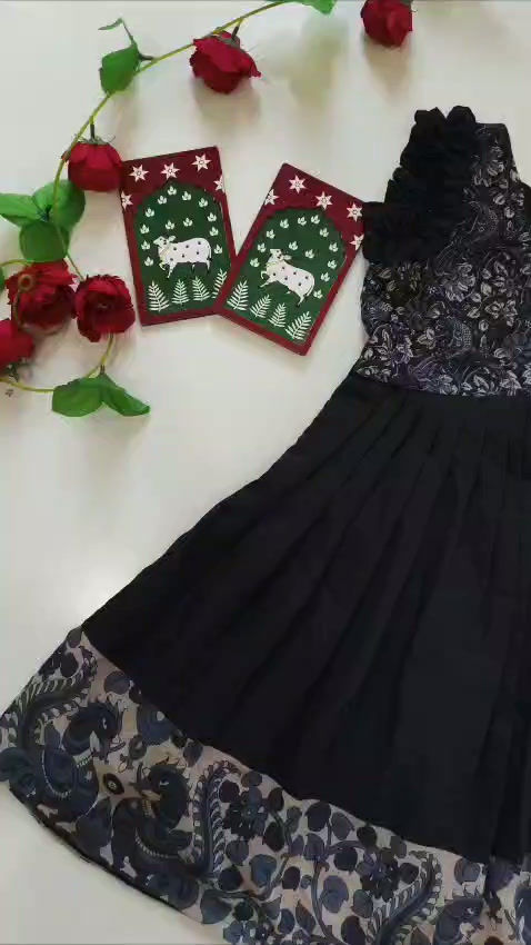 Thumbnail: Girls frock with printed hem and yoke, & charming ruffle sleeves