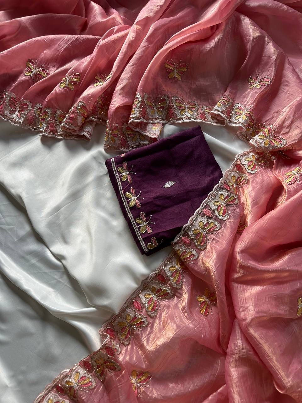 Thumbnail: Butterfly Motif Embroidered crushed Organza Saree