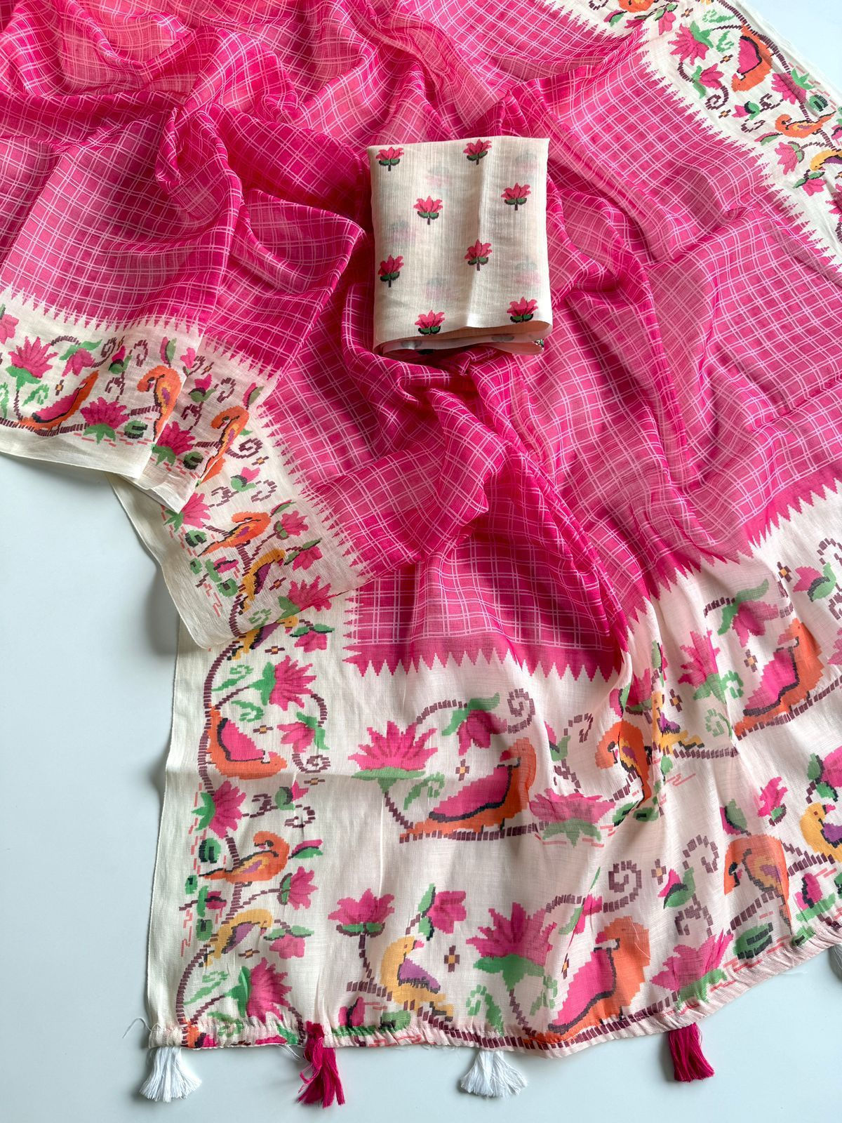 Soft Linen Saree with Beautiful Chex And Kalmkari Pallu 