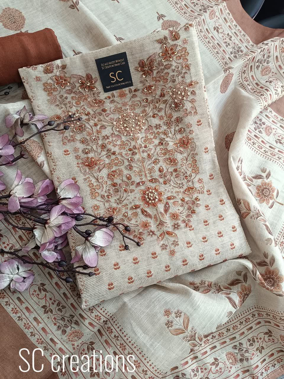 Thumbnail: Cotton dress material with digital self print & knot thread embroidery