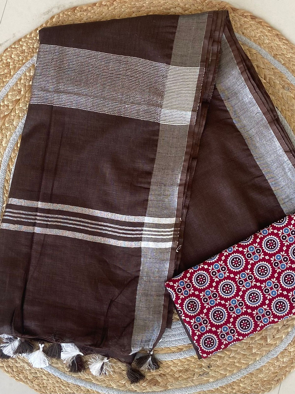 Thumbnail: Pure linen saree with Ajrakh neutral dye blouse pc