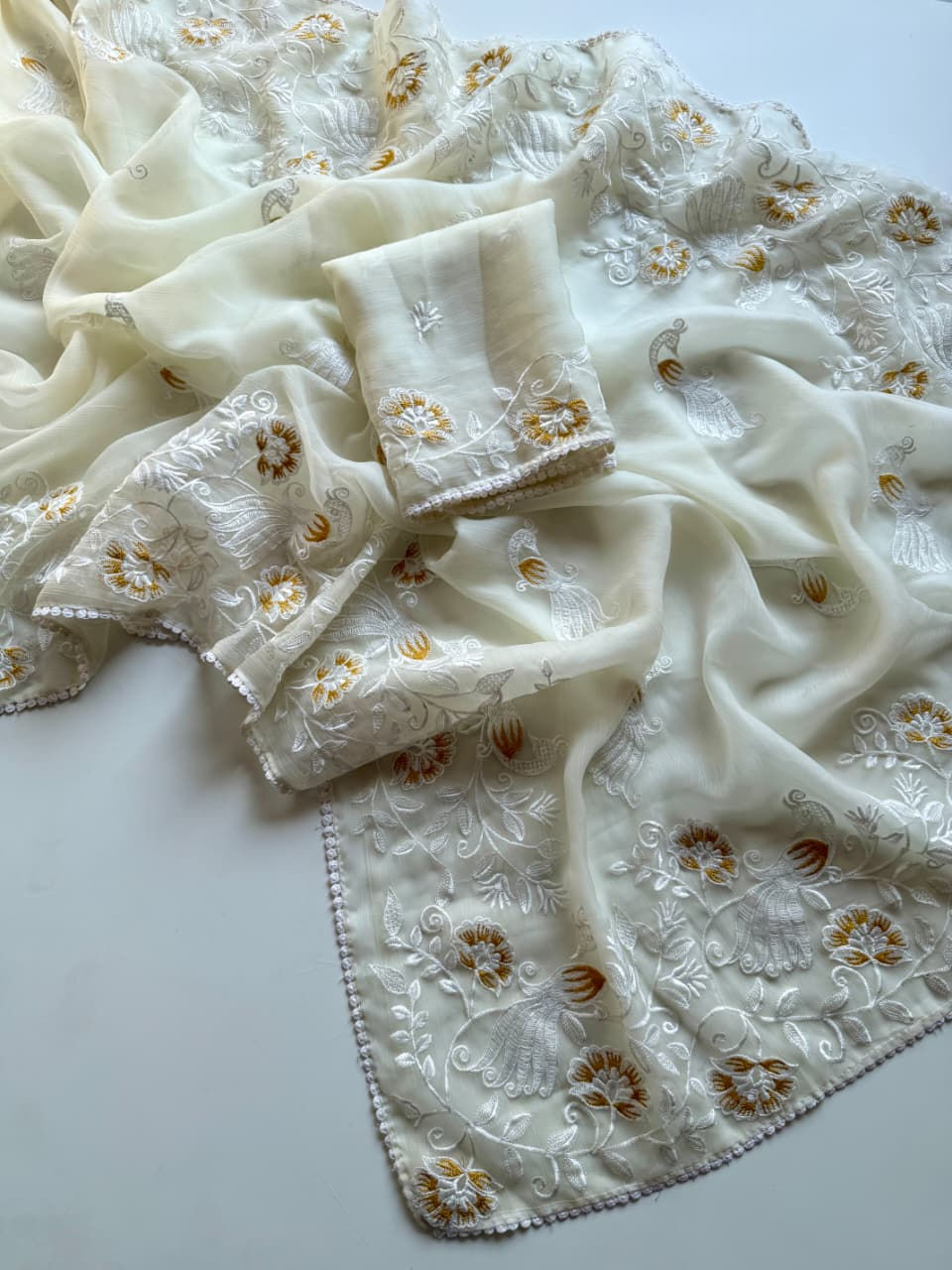 Thumbnail: Pure Vari chiffon saree with premium bird n floral embroidery