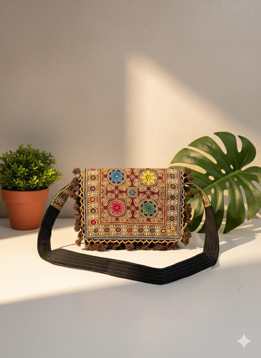 Thumbnail: Ajrakh patch work big sling bag