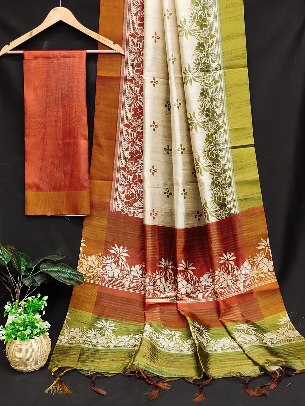 Thumbnail: Soft Tussar Silk Saree With Floral Printed Border