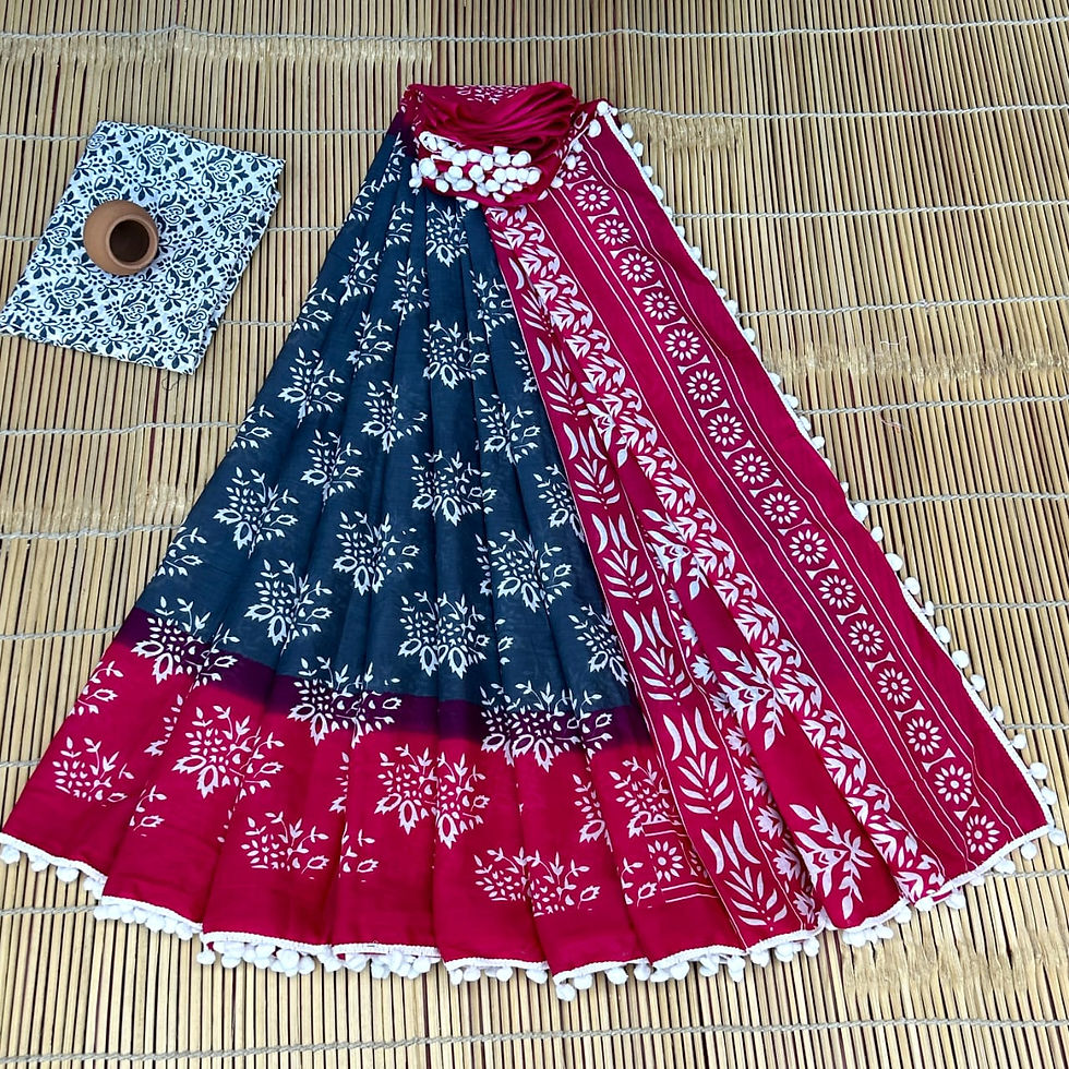 Thumbnail: Bagru Block Print Cotton Mulmul Sarees