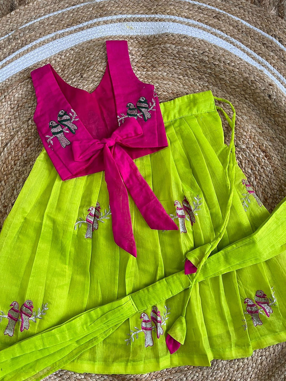 Thumbnail: Kids Lehenga Choli Chanderi with Bird Embroidery on Lehenga
