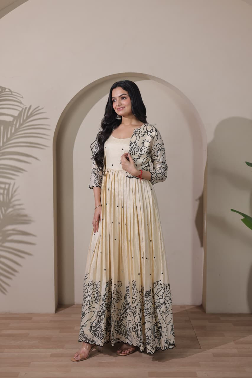 Thumbnail: Tussar silk gown  with kalamkari print