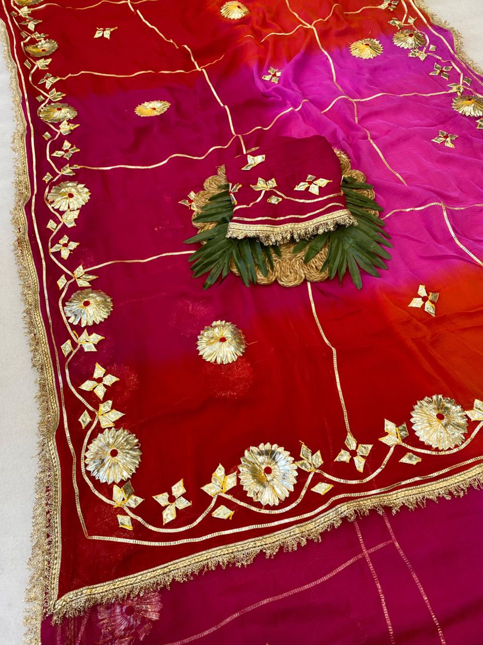 Thumbnail: Pure Diamond Chiffon Multi Tie & Dye Saree With Hand Charkhi Gota Work