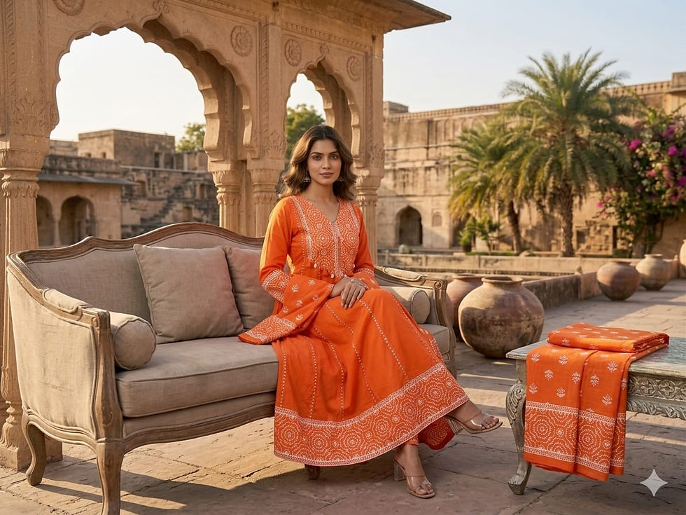 Thumbnail: Printed Anarkali cotton  kurta, pant & dupatta set 