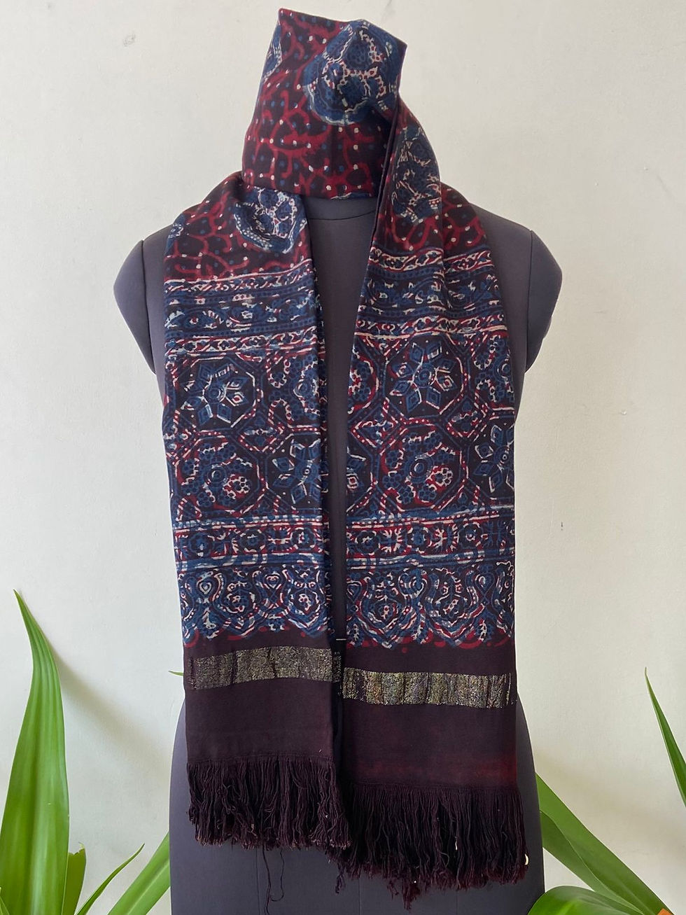 Thumbnail: Handloom Woollen Stole With Ajrakh Block Print 