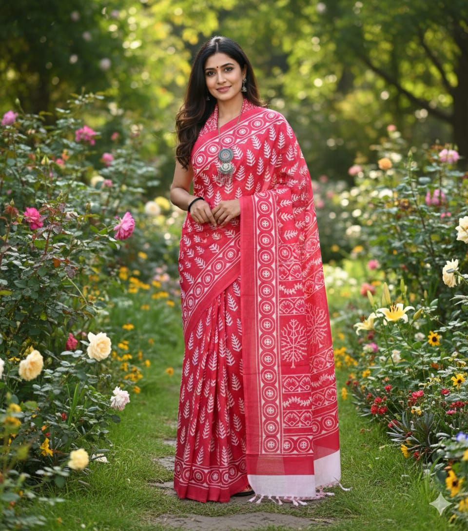 Thumbnail: Bagru Natural Hand Block Print Cotton Mulmul Sarees