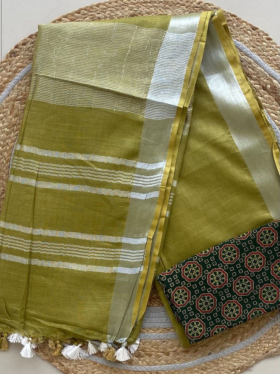 Thumbnail: Pure linen saree with Ajrakh neutral dye blouse pc
