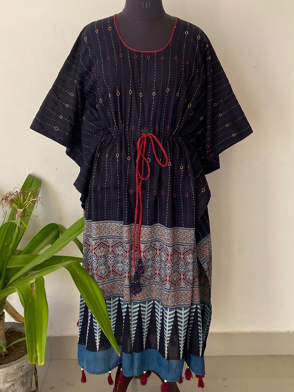 Thumbnail: Ajrakh print kaftan with hand kantha work