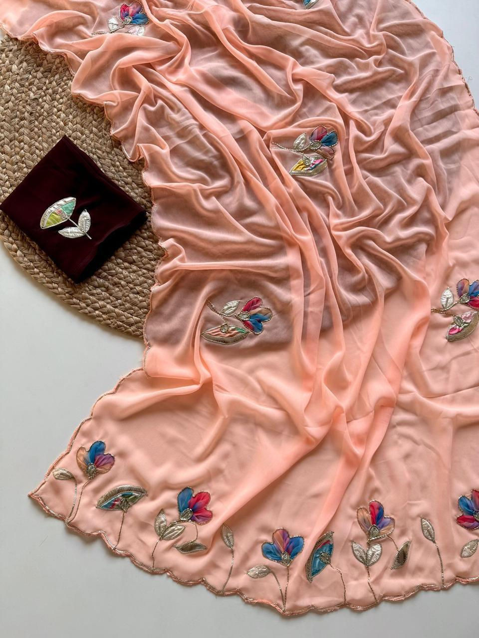 Thumbnail: Soft georgette saree with beautiful floral patch work