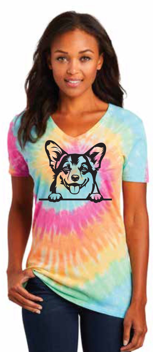 Peeking Pembroke Welsh Corgi 2 LPC147V Port & Company® Ladies Tie-Dye