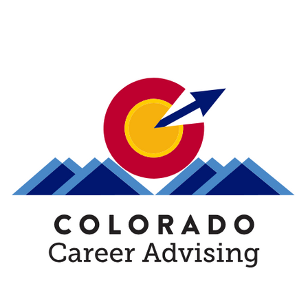 Colorado Career Advising name with blue mountains and a red and yellow capital C with arrow pointing northeast.
