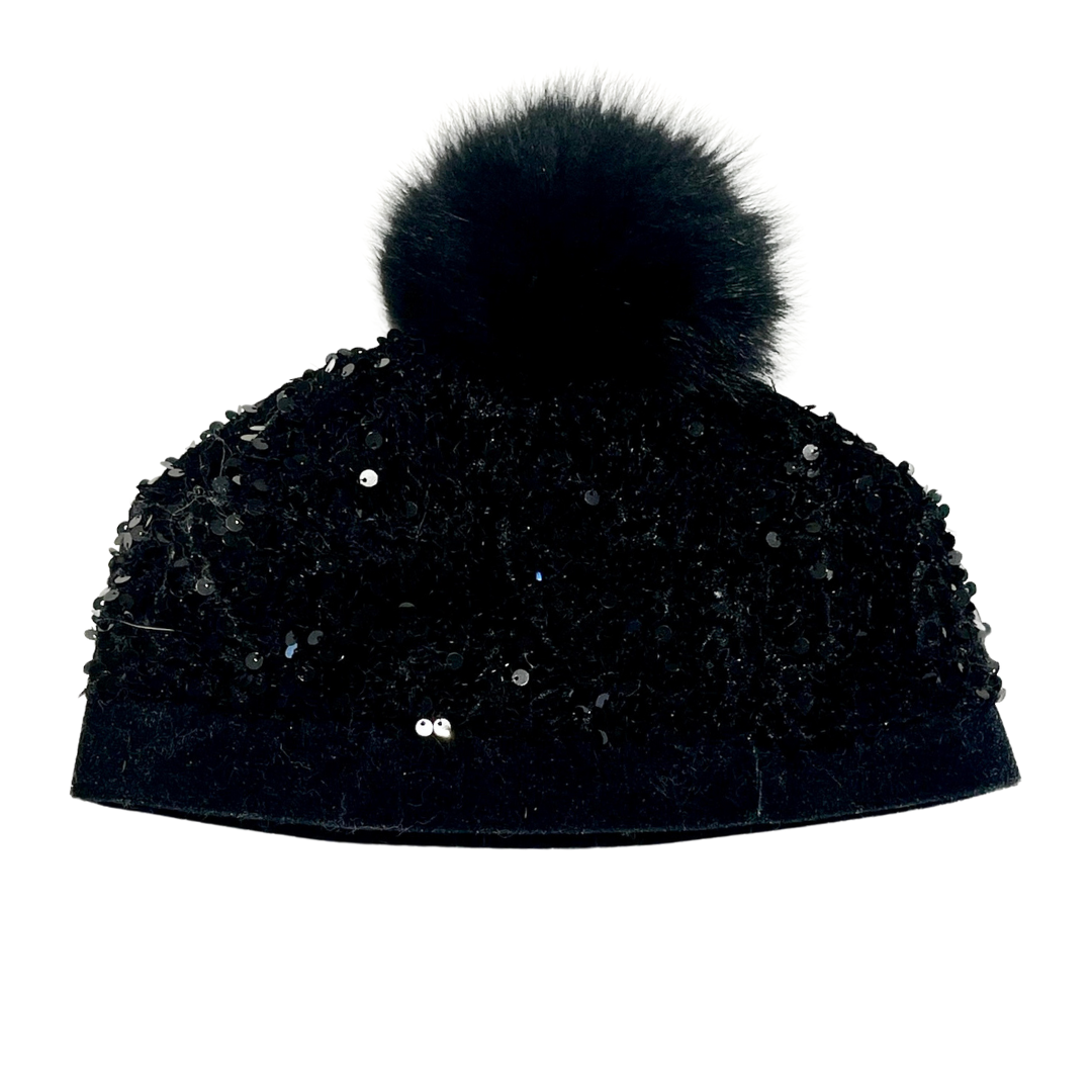 Adrienne Landau Sequin Beret with Fox Fur Pom