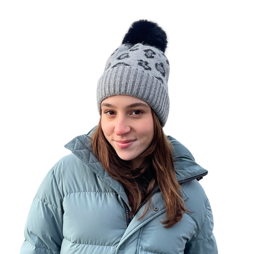 Adrienne Landau Leopard Beanie with Faux Fur Pom