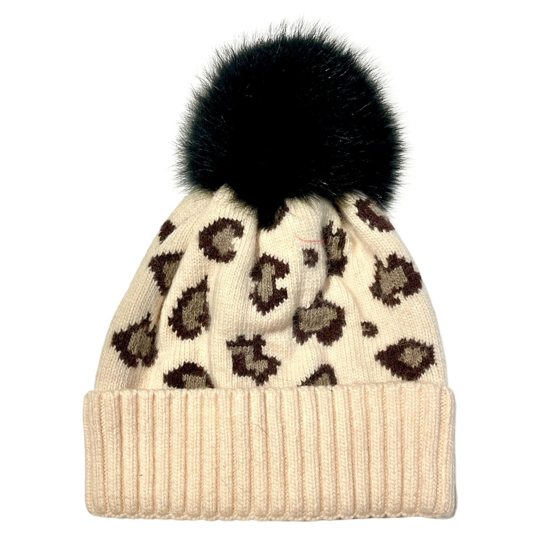 Adrienne Landau Leopard Beanie with Fox Fur Pom Front View