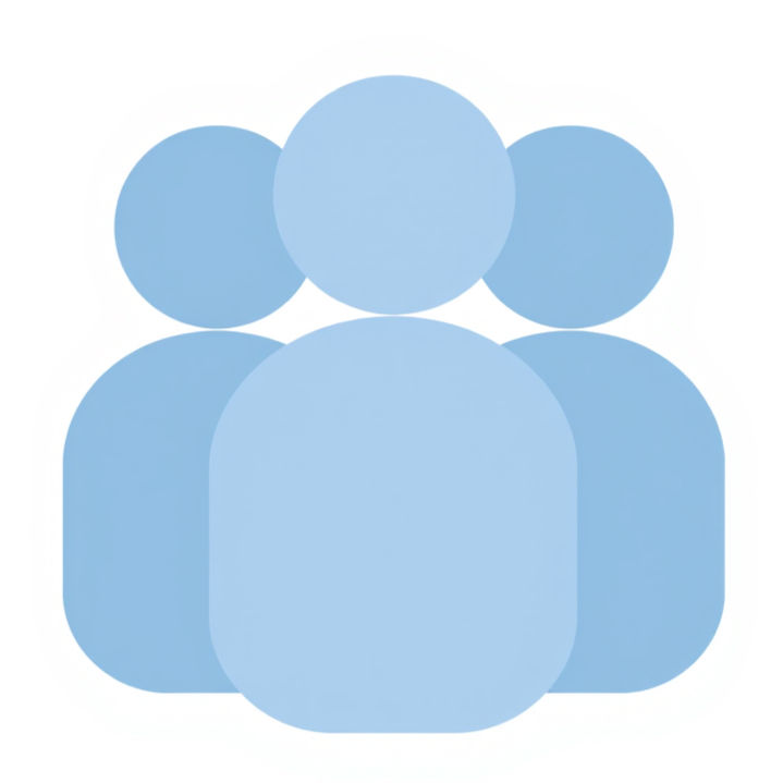 Minimal flat vector icon of three rounded human figures grouped together, the centre figur