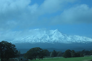 A view of Mount Ruapehu in New Zealand in the background, with green trees in the foreground.