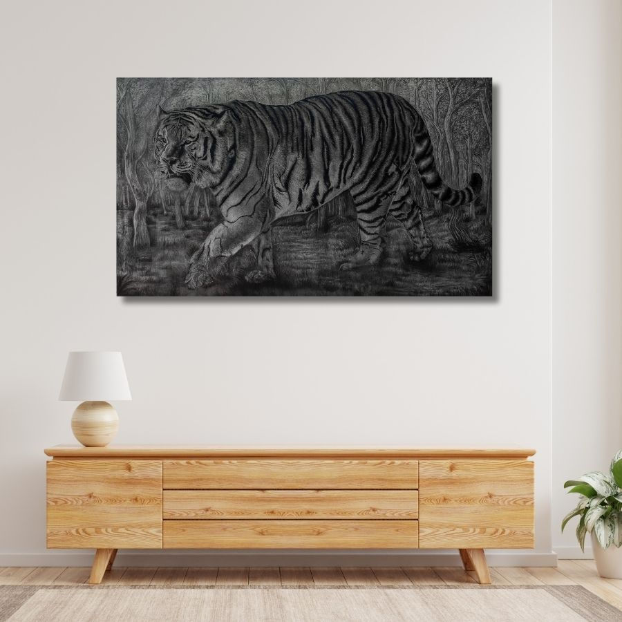 Thumbnail: famous The Tiger Walk Art Hyper Realistic Charcoal Painting On Canvas for wall