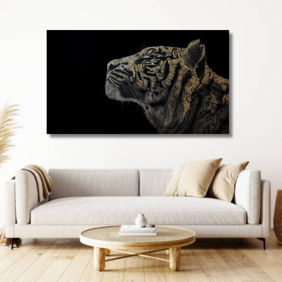 Thumbnail: Golden Tiger Painting Charcoal On Canvas Realistic artworks