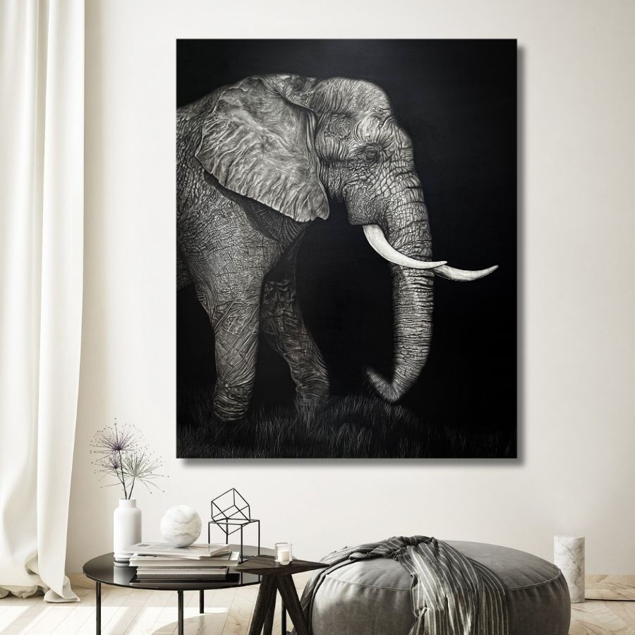 Thumbnail: Elephant painting charcoal on canvas hyper realistic