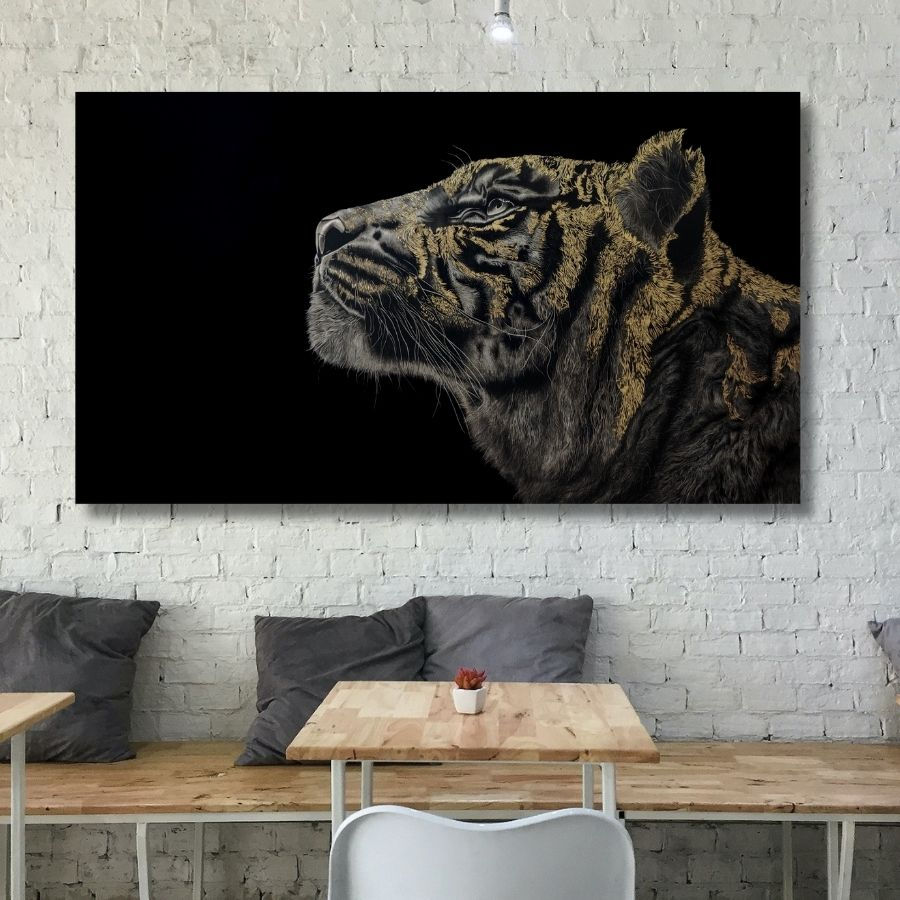 Thumbnail: famous Golden Tiger Painting Charcoal On Canvas Realistic with frame