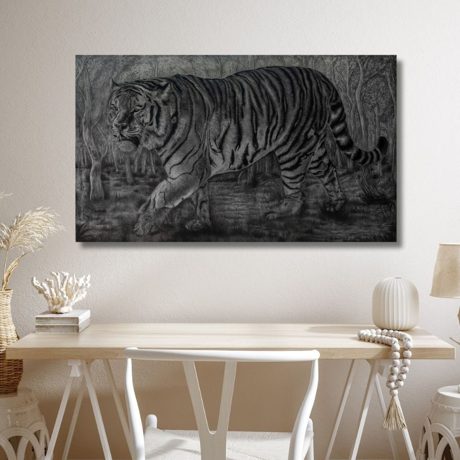 Thumbnail: handmade The Tiger Walk Art Hyper Realistic Charcoal Painting On Canvas artworks