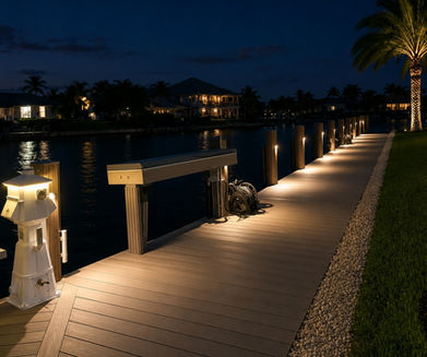 Illuminated boat dock with post lights at night and power pedestal, and fishtable.