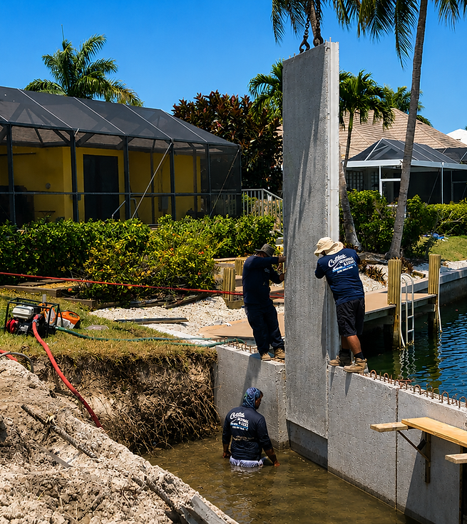 Concrete panels installation in progress by Collier Seawall & Dock, providing long-lasting waterfront shoreline protecti