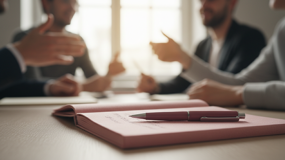 Close-up view of a notebook and pen on a table during a networking event