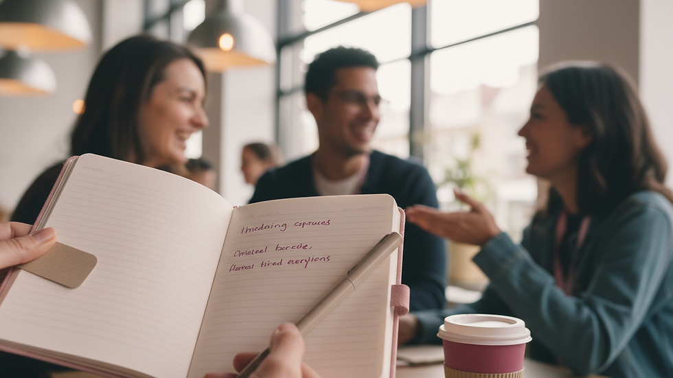 Close-up view of a notebook and pen during a networking event