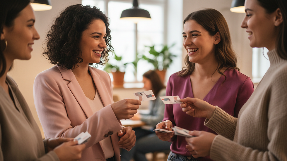 Close-up view of a networking event with women exchanging business cards